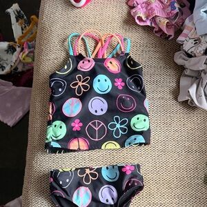 The Children's Place Black Tankini with Neon Smiley & Flower Prints